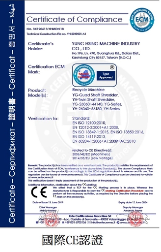 詠興機械的國際CE認證｜International CE Certification of YUNG-HSING Machinery